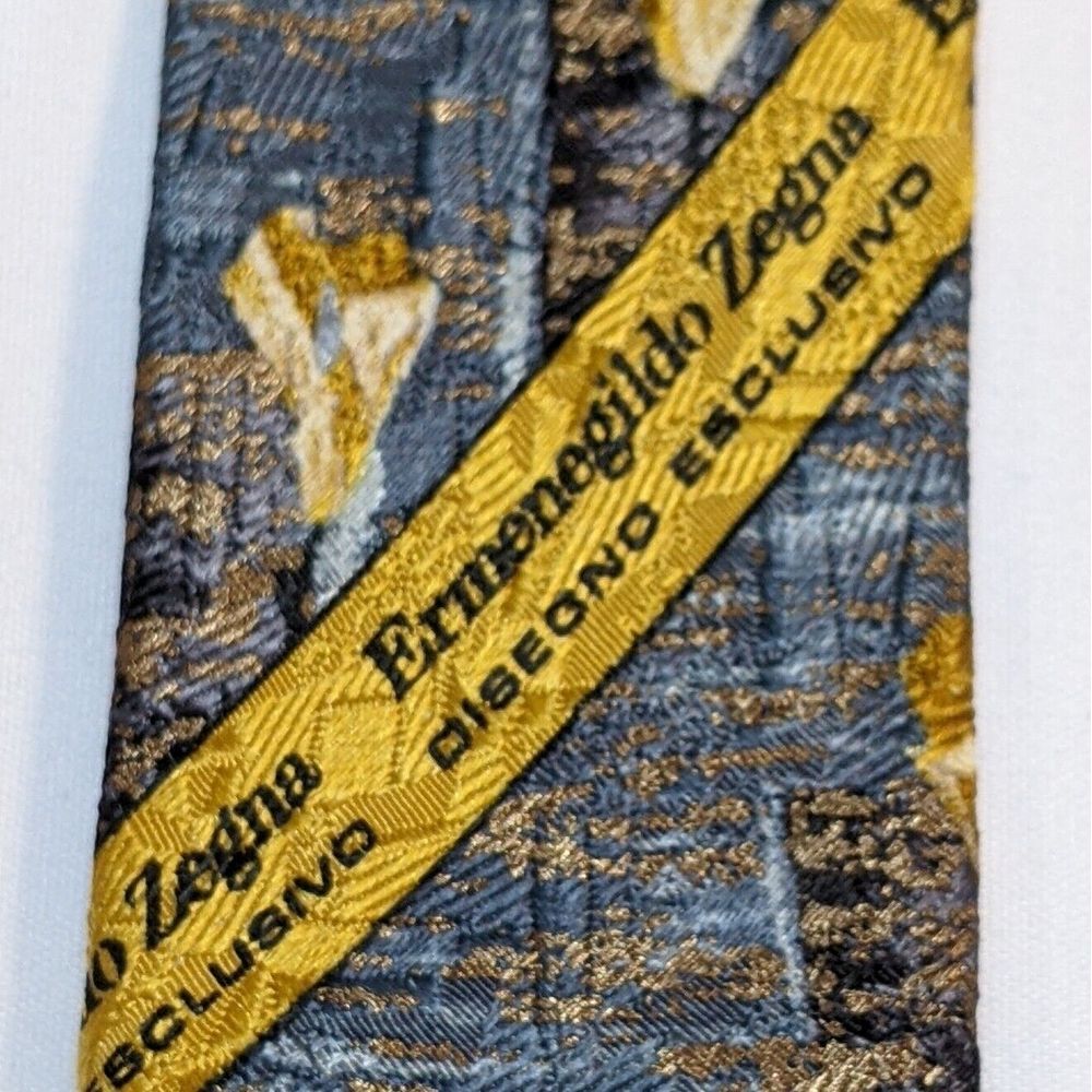 Ermenegildo Zegna‎ Men's Neck Tie 100% Silk Italy Luxury 56" Gray Gold Pattern - Picture 2 of 8